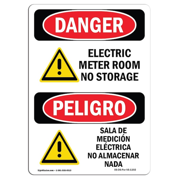 Safety Sign, OSHA Danger, 5" Height, Electric Meter Room No Storage Bilingual Spanish, 10PK